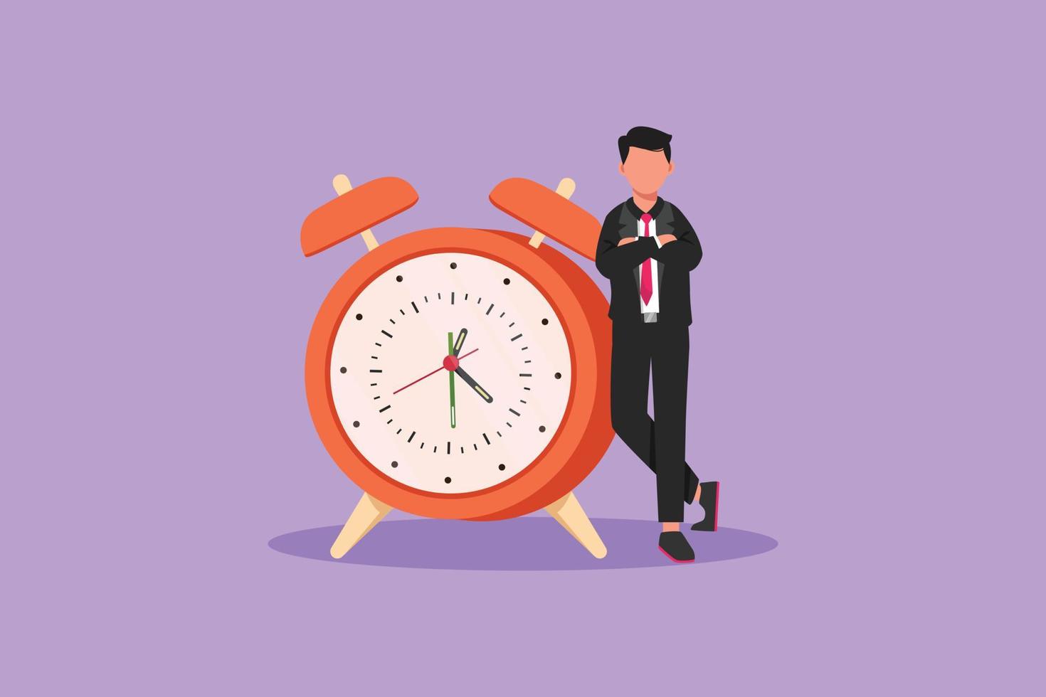 Flat cartoon style drawing of businessman, manager or employee stand leaning to big clock. Time management. Watch, limited offer, deadline symbol. Business metaphor. Graphic design vector illustration