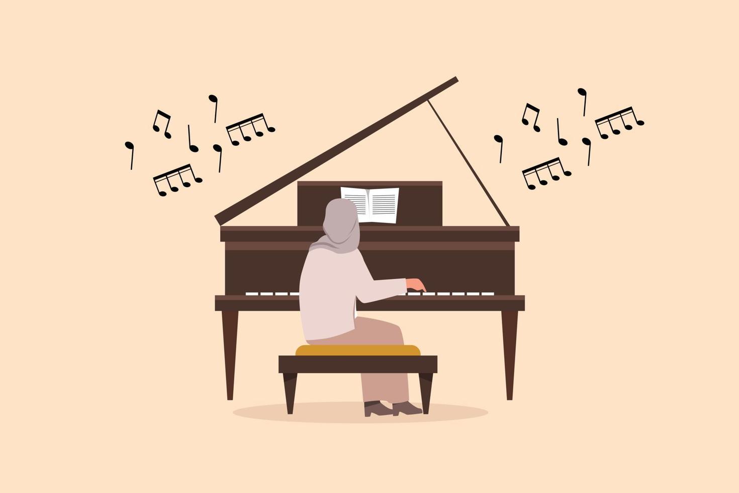 dibujo de personaje de dibujos animados planos de negocios mujer árabe tocando el piano. intérprete femenina sentada en un instrumento musical y tocando jazz o blues. Músico profesional. ilustración vectorial de diseño gráfico vector