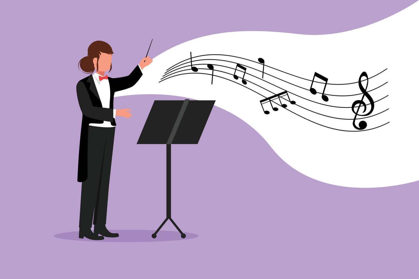 Business flat cartoon style draw woman conductor. Female musician perform on stage directing symphony orchestra. Classical music performance, instrumental ensemble. Graphic design vector illustration