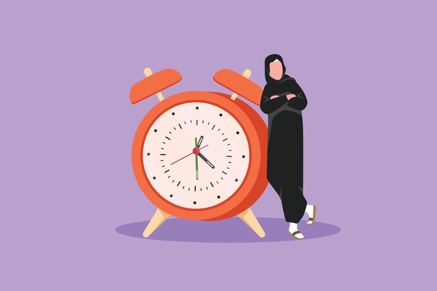 Character flat drawing Arab businesswoman, manager or employee stand leaning to big clock. Concept of time management. Time, watch, limited offer, deadline symbol. Cartoon design vector illustration