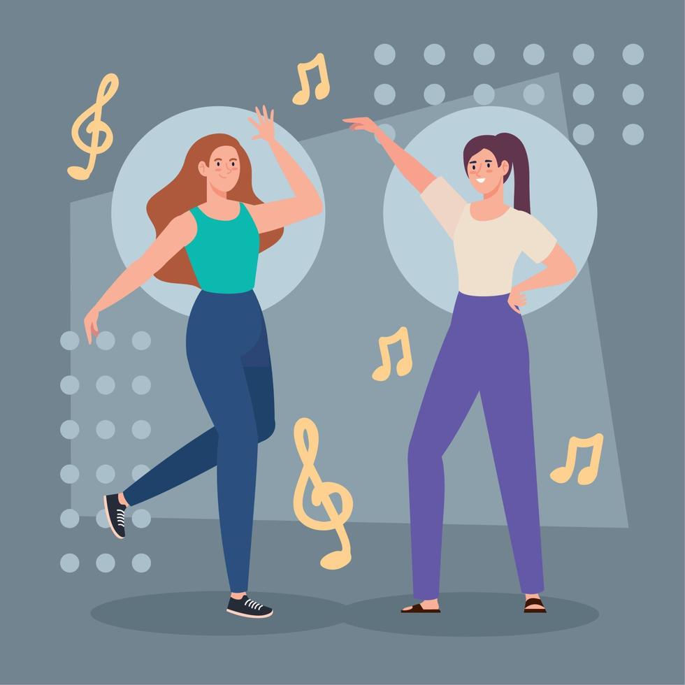 girls dancing with music notes vector