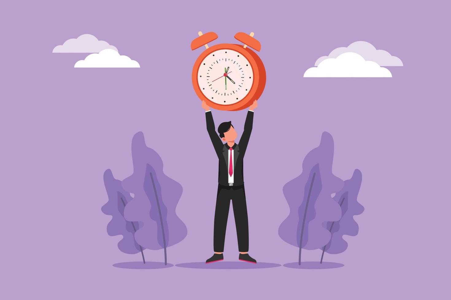 Graphic flat design drawing of strong businessman raising alarm clock in hands. Time, watch, limited offer, deadline symbol. Time to work. Hurry in business project. Cartoon style vector illustration