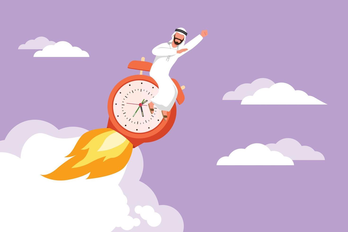 dibujo de dibujos animados planos hombre de negocios árabe montando reloj despertador cohete con fuego, nubes. tiempo, reloj, oferta limitada, fecha límite. tiempo de trabajar. lanzadera de cuenta regresiva. ilustración vectorial de diseño gráfico vector