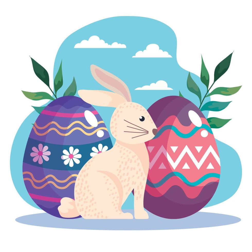 happy easter celebration card with eggs painted and rabbit vector