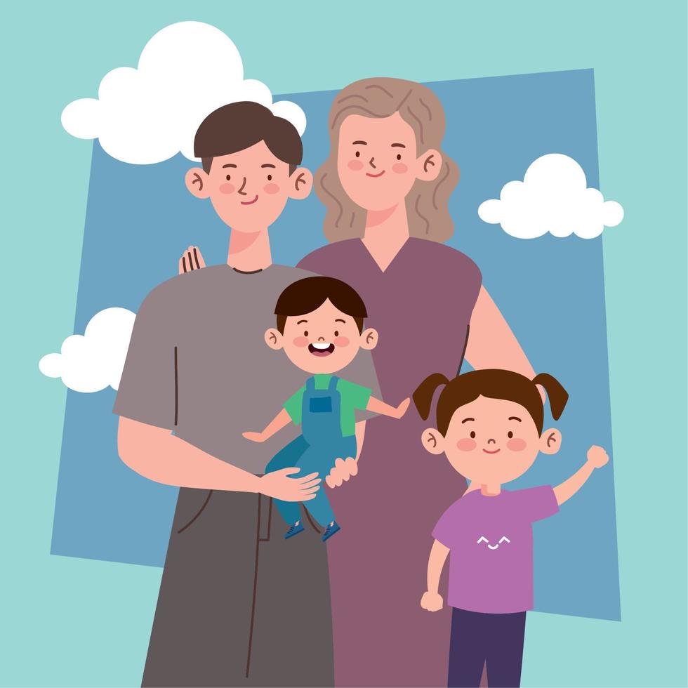 familia coreana con nubes vector