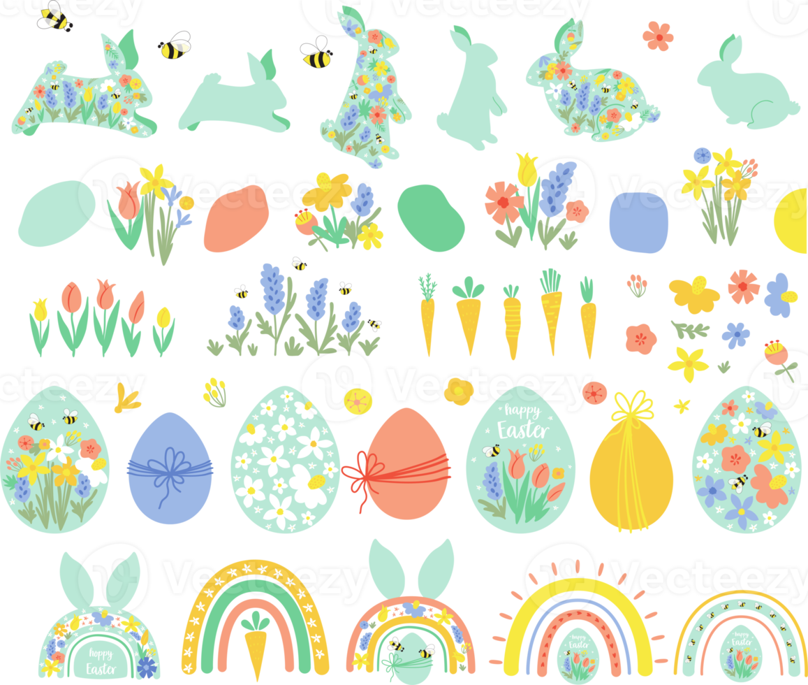 Easter elements set. Happy easter design elements isolated on white. Cute rabbit bunny, carrot, floral eggs. Cute pascua collection. Spring easter hunt illustration. Happy Easter symbols, logo, icons png