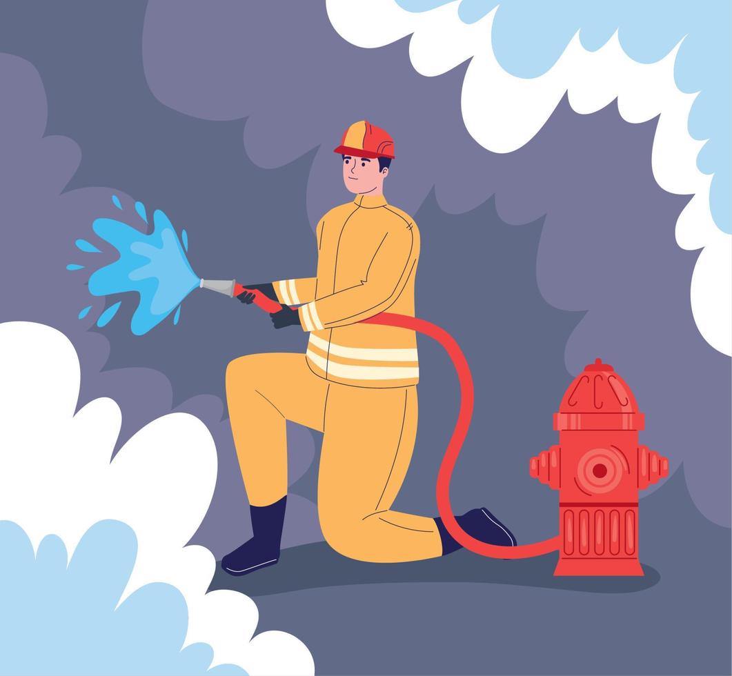 Fireman with hose in hydrant vector