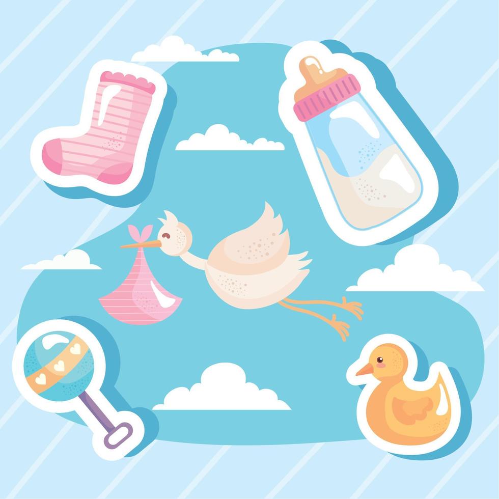 bundle of five baby shower set icons in the sky vector