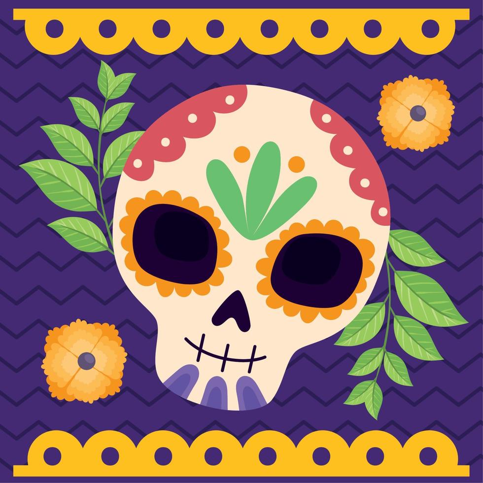 dia de los muertos skull with flowers vector