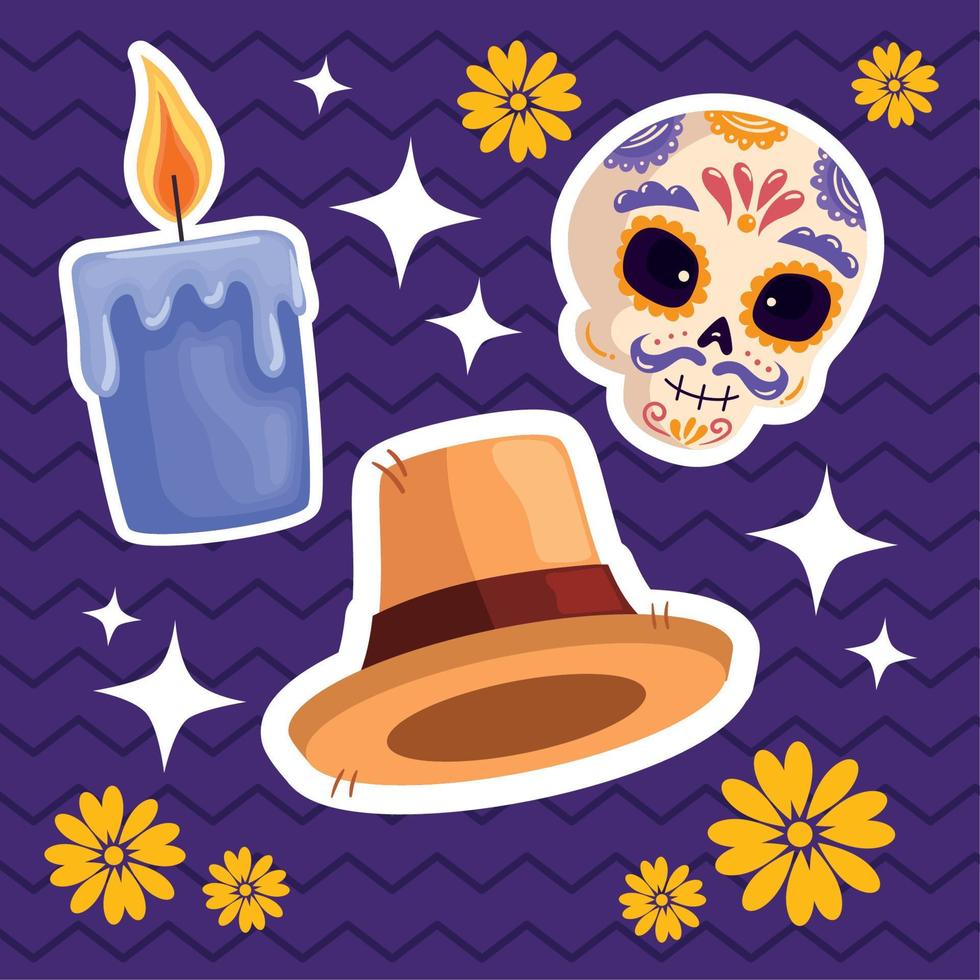 dia de los muertos icons with flowers vector