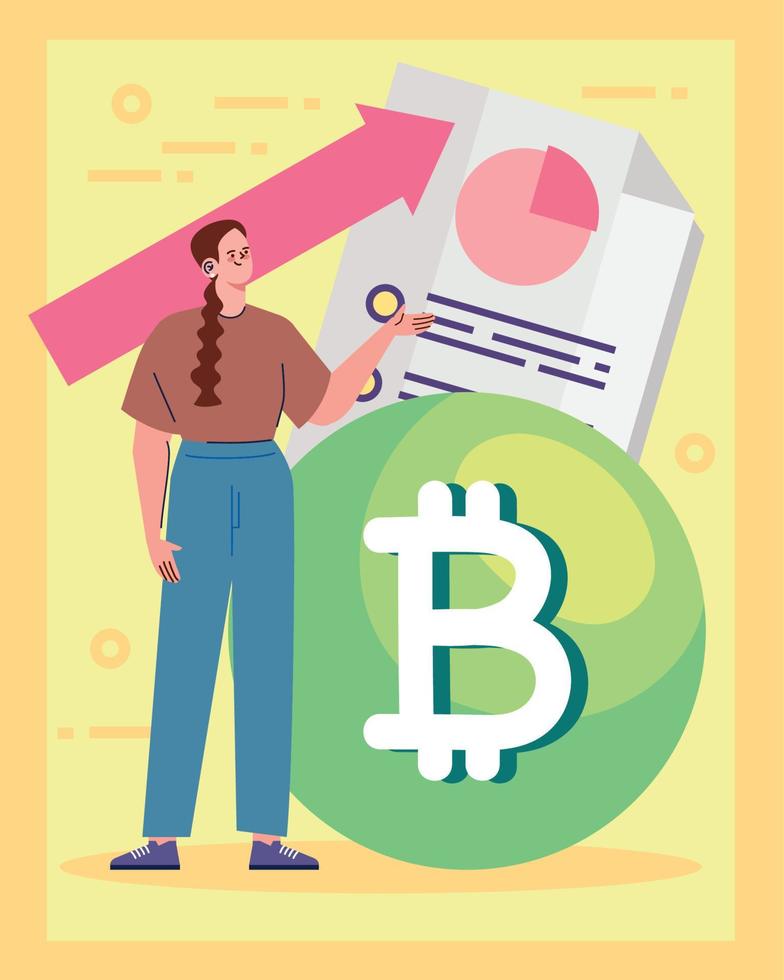 bitcoin con mujer y flecha de estadísticas vector