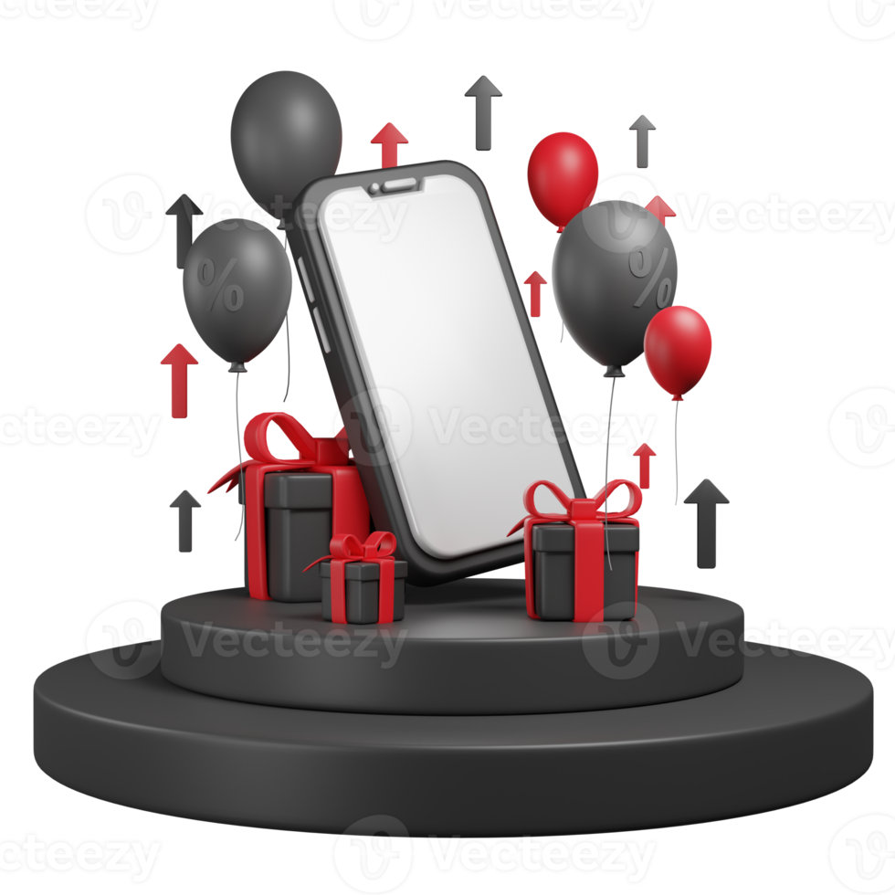 Black friday concept. Realistic 3d design stage podium, round studio, ballons, percent label discount. Creative marketing concept. png