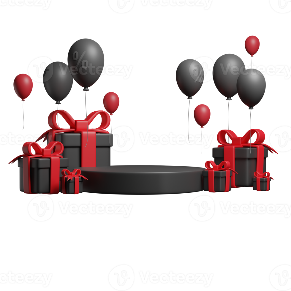 svart fredag begrepp. realistisk 3d design skede podium, runda studio, ballonger, procent märka rabatt. kreativ marknadsföring begrepp. png