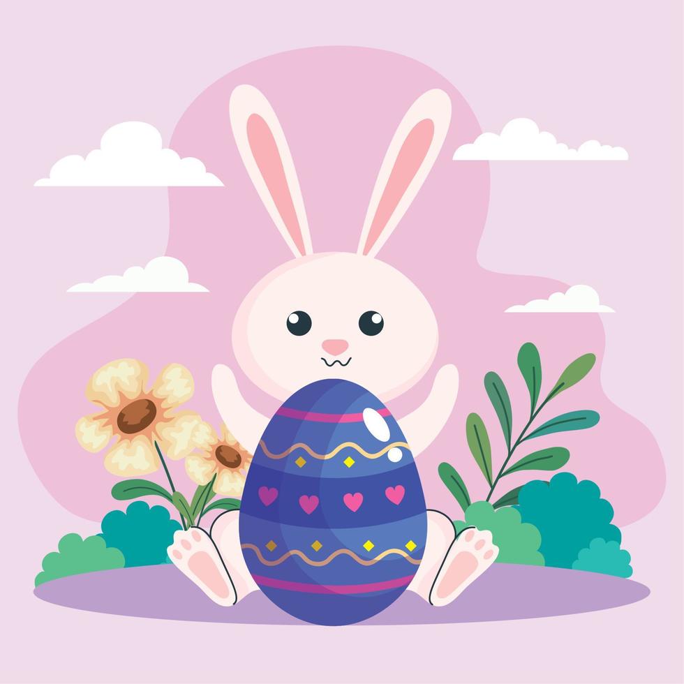feliz celebración de pascua huevo pintado con conejo en el jardín vector