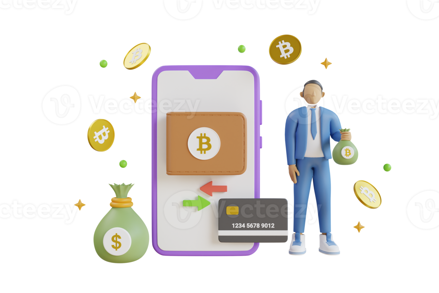 Bitcoin-Brieftasche mit Münzen und Bargeld isoliert auf violettem Hintergrund. Handel mit Bitcoin auf dem Handy über die Systemkryptowährung. Perspektivische Darstellung über Kryptomünzen. 3D-Rendering png