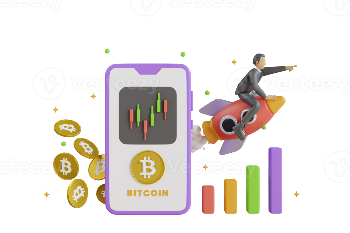bitcoin para o conceito de lua. criptomoeda com investimento de negócios de finanças móveis. foguete de criptomoeda bitcoin decolando para a lua. renderização em 3D png