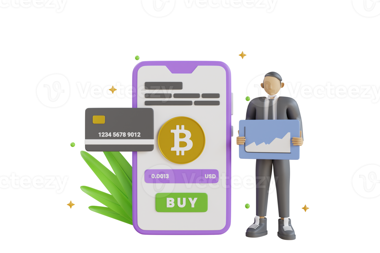 Buying Bitcoin online. 3d illustration of purchasing crypto currency on mobile phone with credit card. Digital wallet application on mobile and internet banking. 3d rendering png