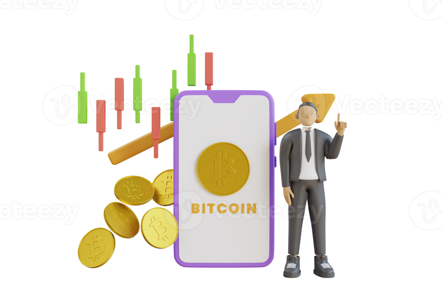 negocie bitcoin no celular através da criptomoeda do sistema. troca de bitcoin. ilustração 3D da tecnologia blockchain, bitcoin, altcoins, mineração de criptomoedas, finanças, mercado monetário digital, png