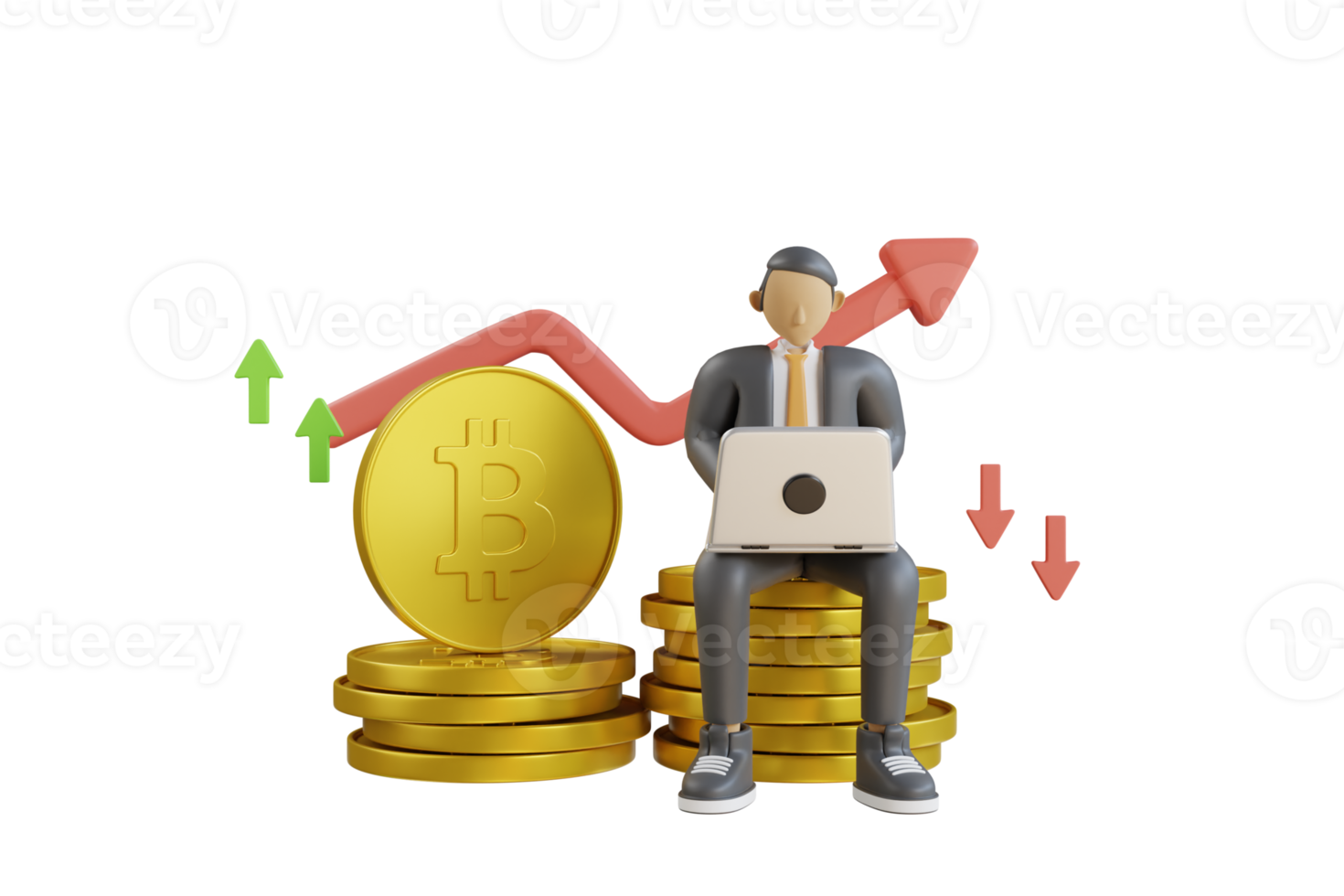 3d illustration of bitcoin with up and down arrows. Bull or Bear market trend in crypto currency or stocks. Trade exchange background, up or down arrow. 3D Rendering png