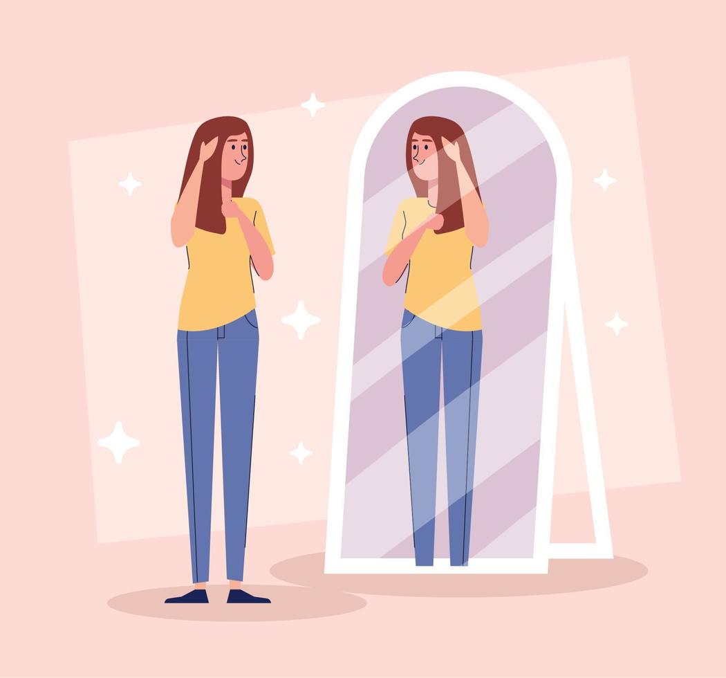 beautiful sexy girl standing looking in the mirror vector