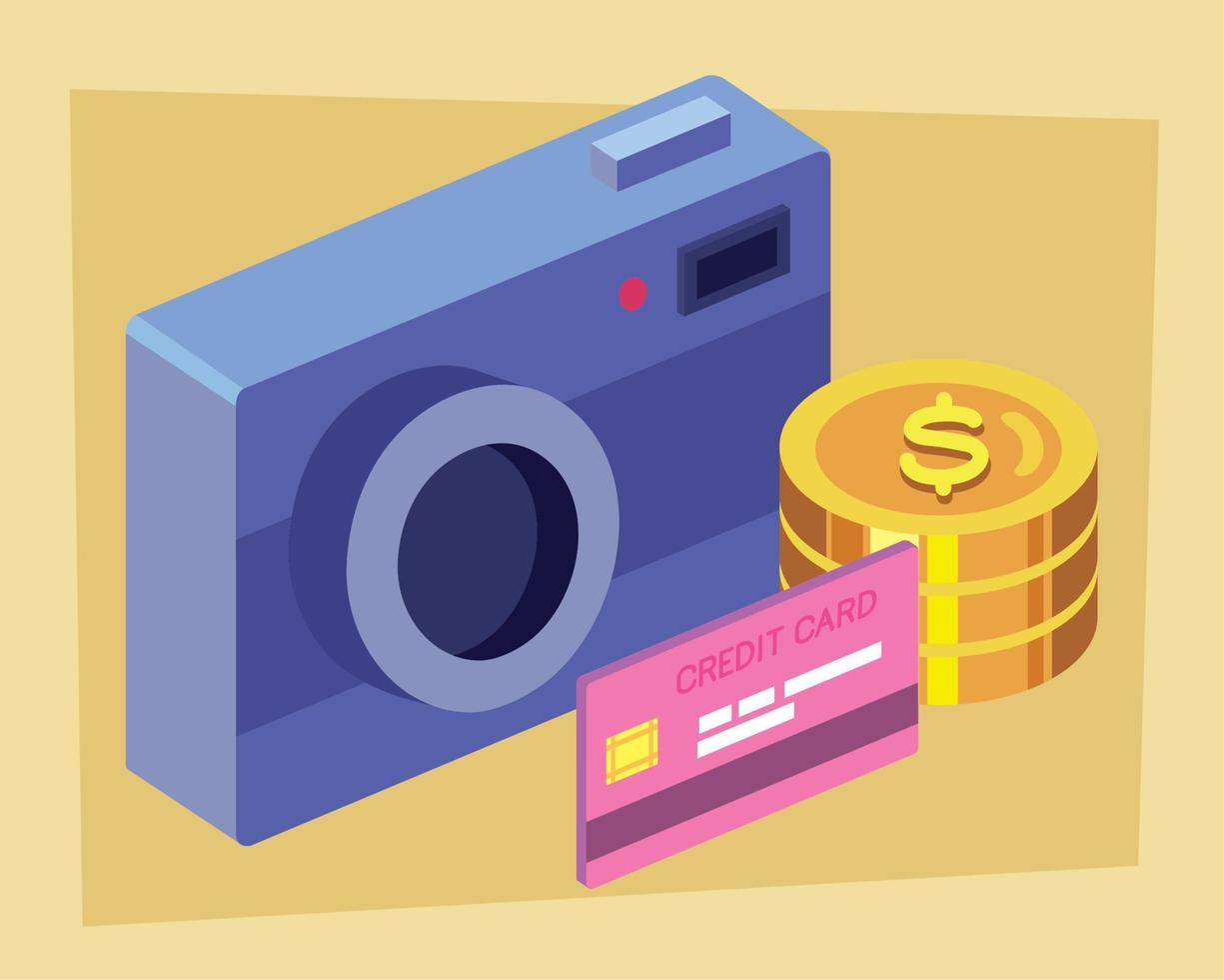 camera with coins and credit card vector