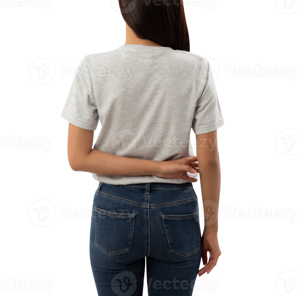 Young woman in grey T shirt mockup cutout, Png file