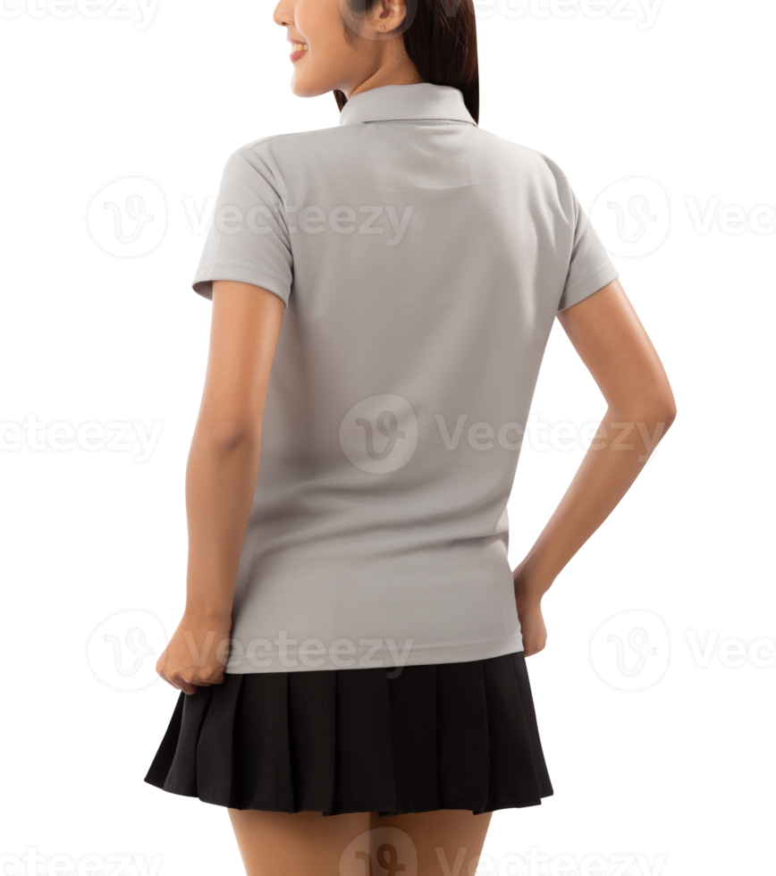 Young woman in grey polo shirt mockup cutout, Png file