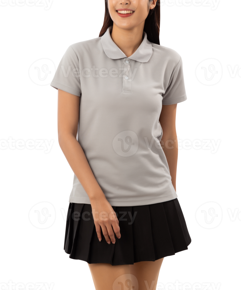 Young woman in grey polo shirt mockup cutout, Png file