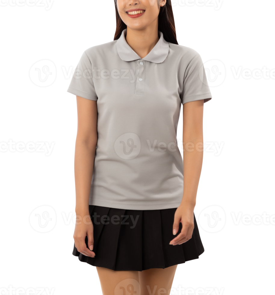 Young woman in grey polo shirt mockup cutout, Png file