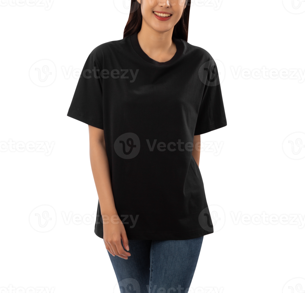 Young woman in black oversize T shirt mockup cutout, Png file