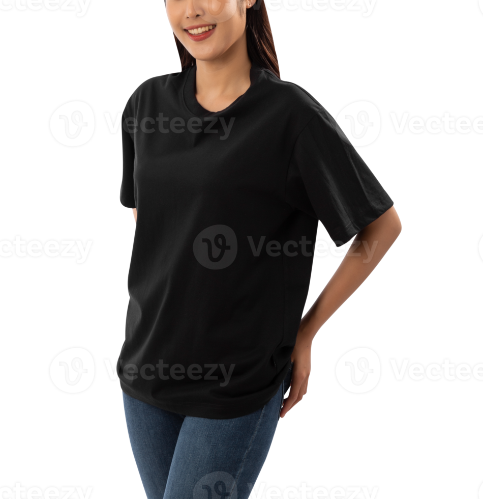 Young woman in black oversize T shirt mockup cutout, Png file