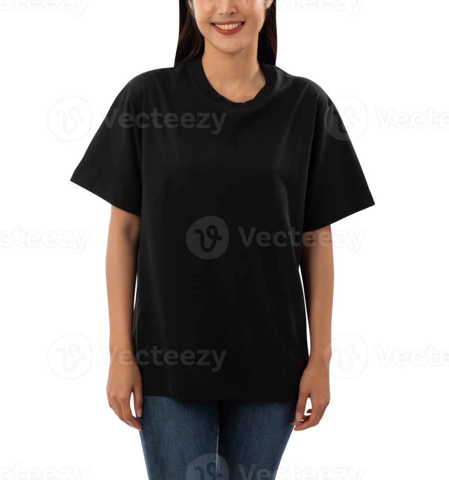 Young woman in black oversize T shirt mockup cutout, Png file