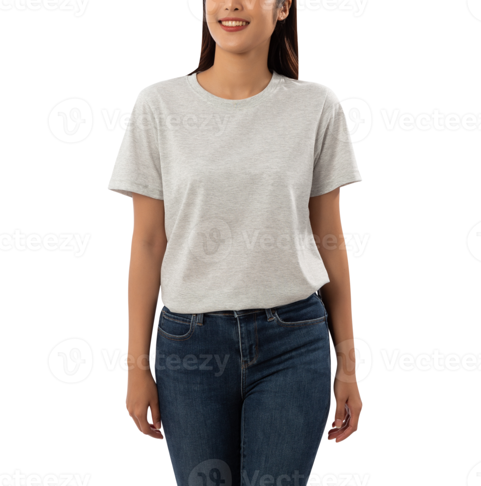 Young woman in grey T shirt mockup cutout, Png file