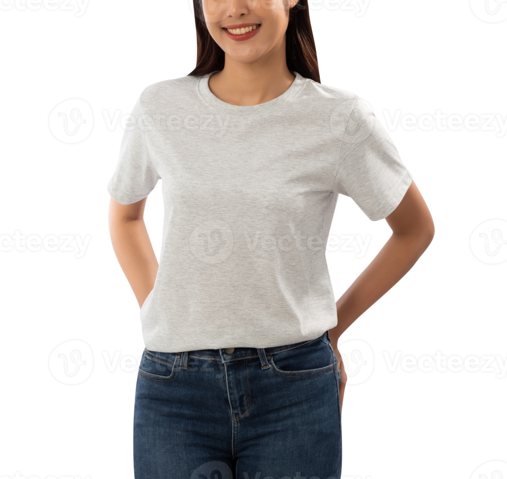 Young woman in grey T shirt mockup cutout, Png file