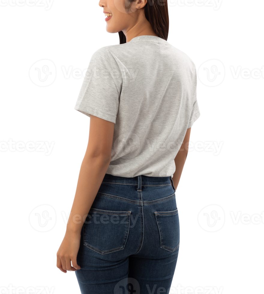Young woman in grey T shirt mockup cutout, Png file