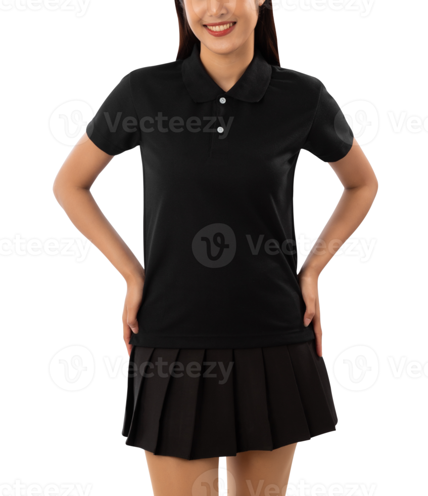 Young woman in black polo shirt mockup cutout, Png file