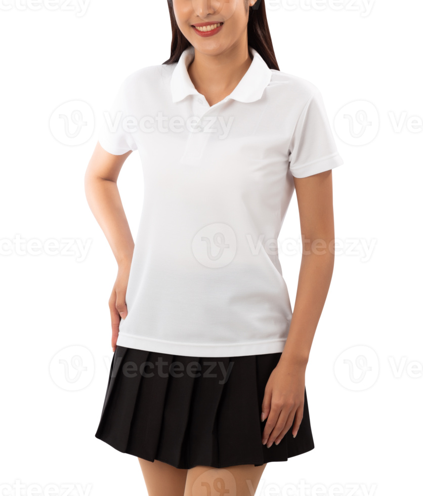 Young woman in white polo shirt mockup cutout, Png file