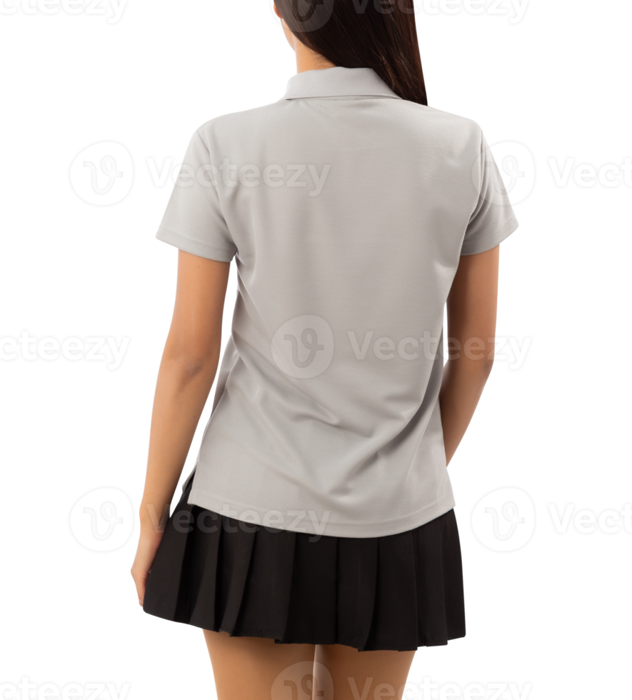 Young woman in grey polo shirt mockup cutout, Png file