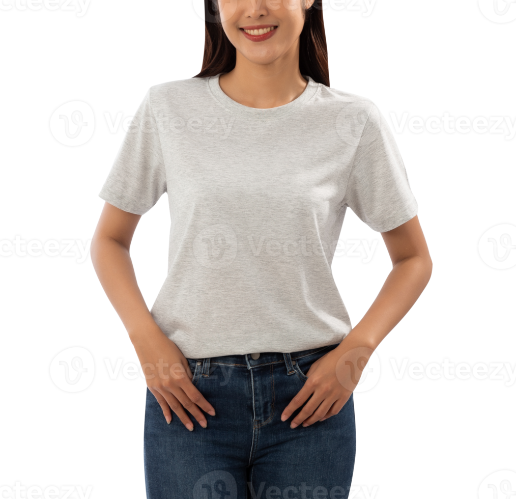 jeune femme en découpe de maquette de t-shirt gris, fichier png