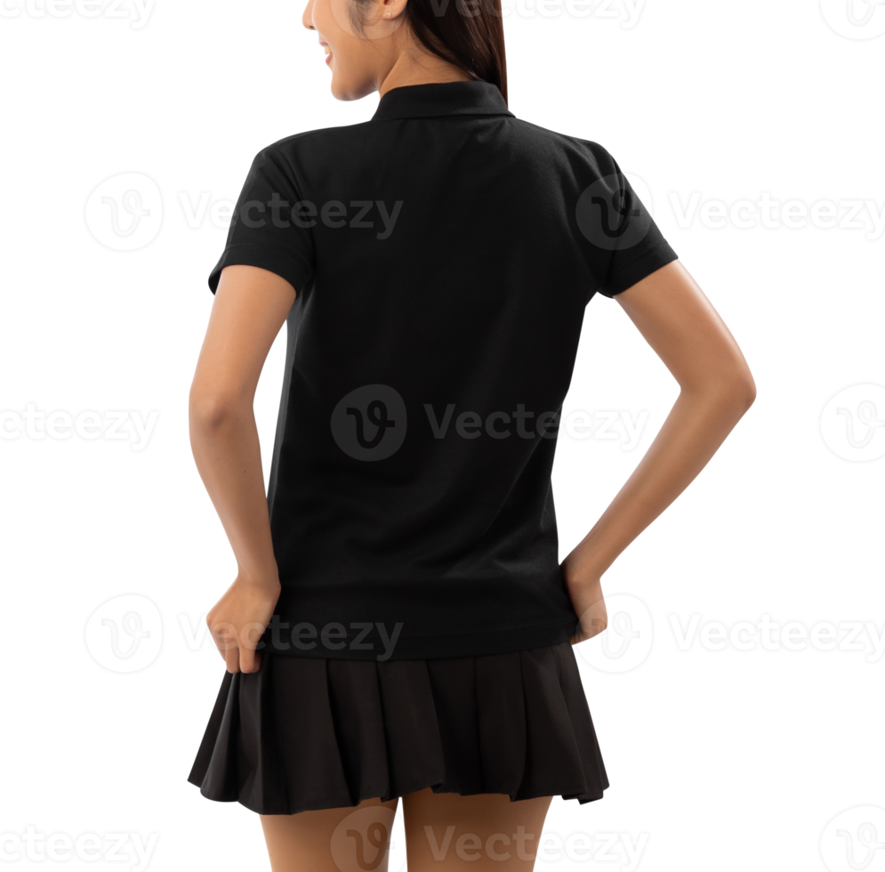 Young woman in black polo shirt mockup cutout, Png file