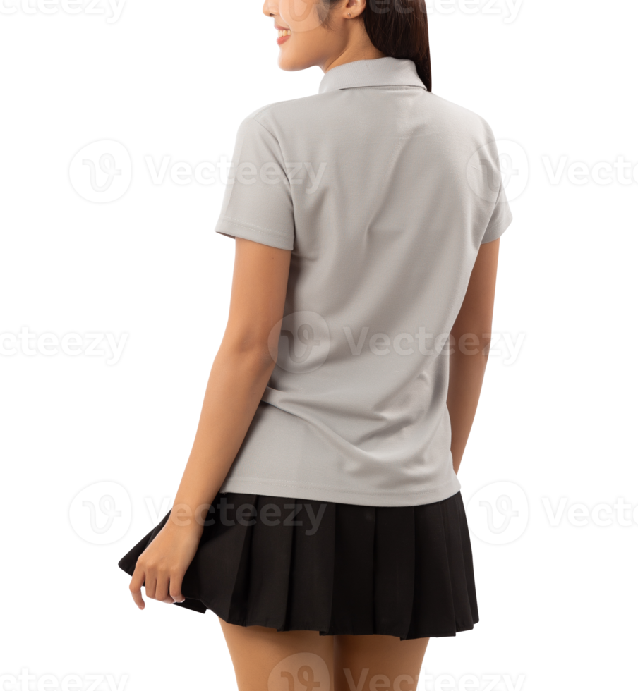 Young woman in grey polo shirt mockup cutout, Png file