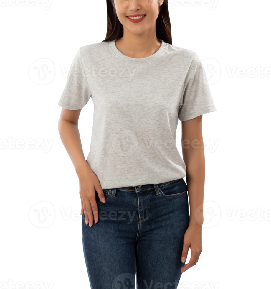 Young woman in grey T shirt mockup cutout, Png file