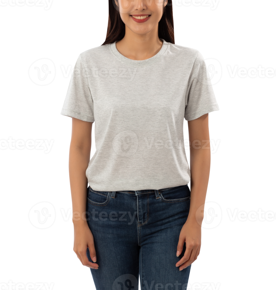 Young woman in grey T shirt mockup cutout, Png file