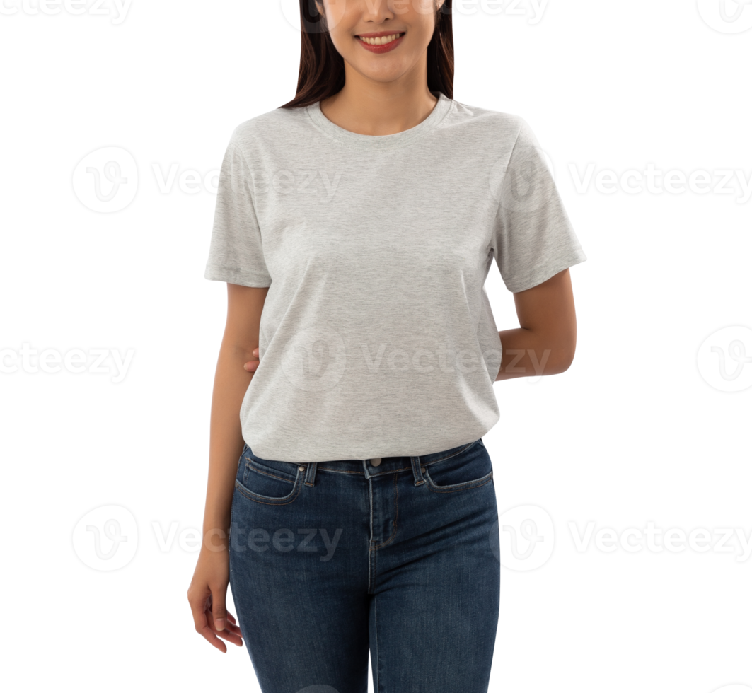 Young woman in grey T shirt mockup cutout, Png file