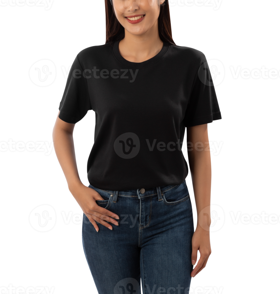 Young woman in black T shirt mockup cutout, Png file