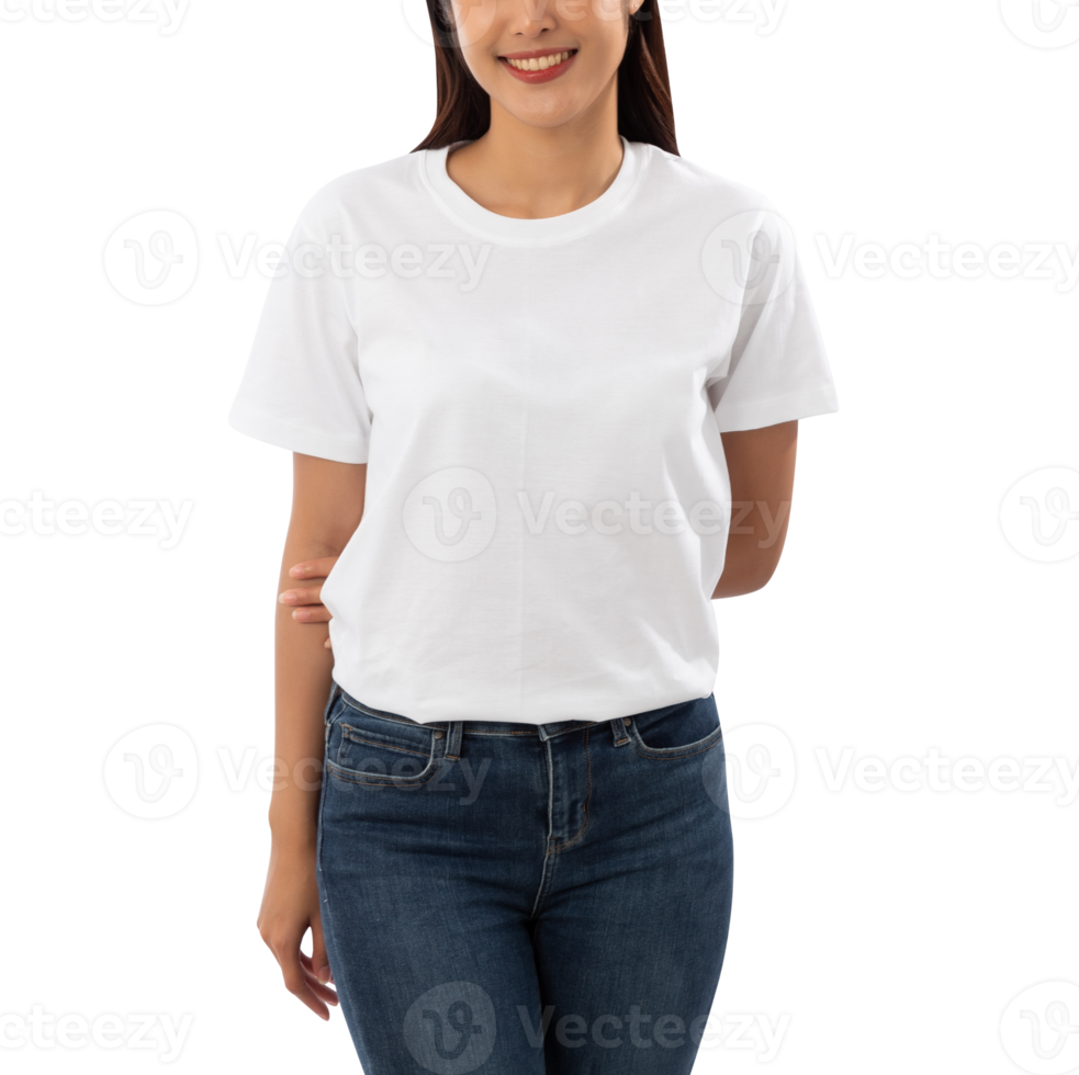 mujer joven en maqueta de camiseta blanca recortada, archivo png