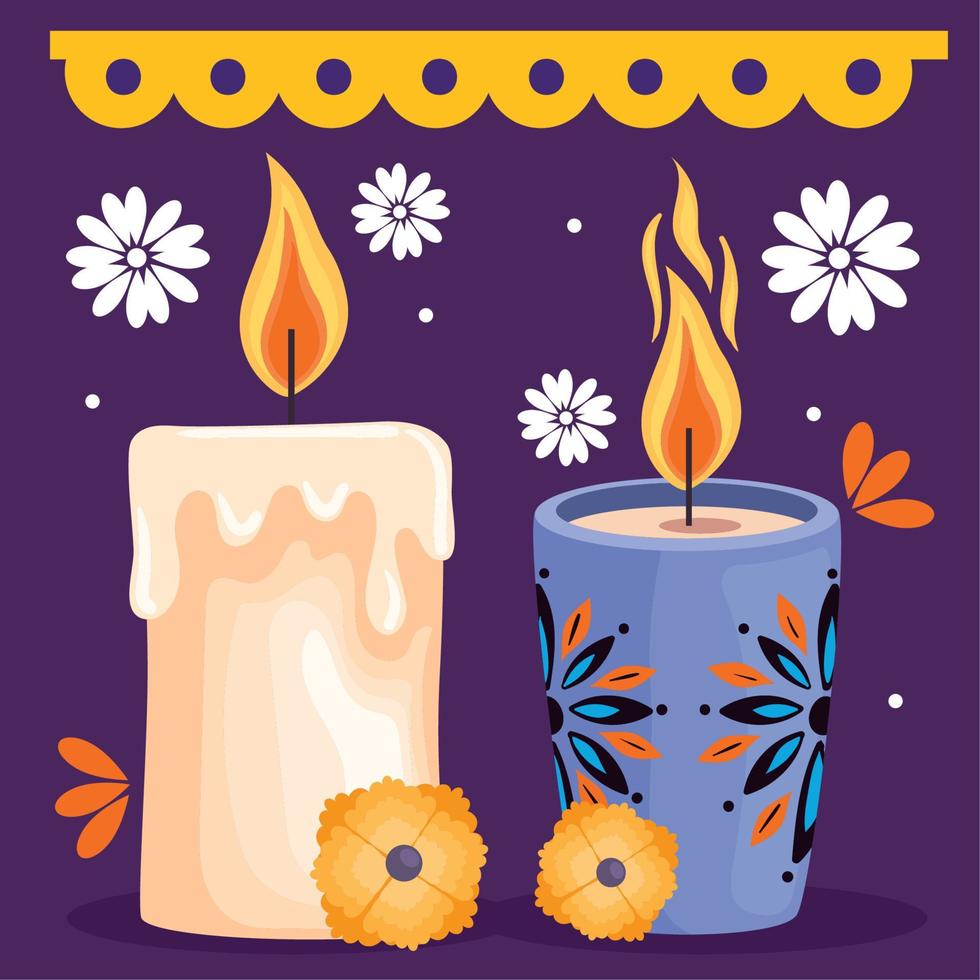 dia de los muertos candles with flowers vector