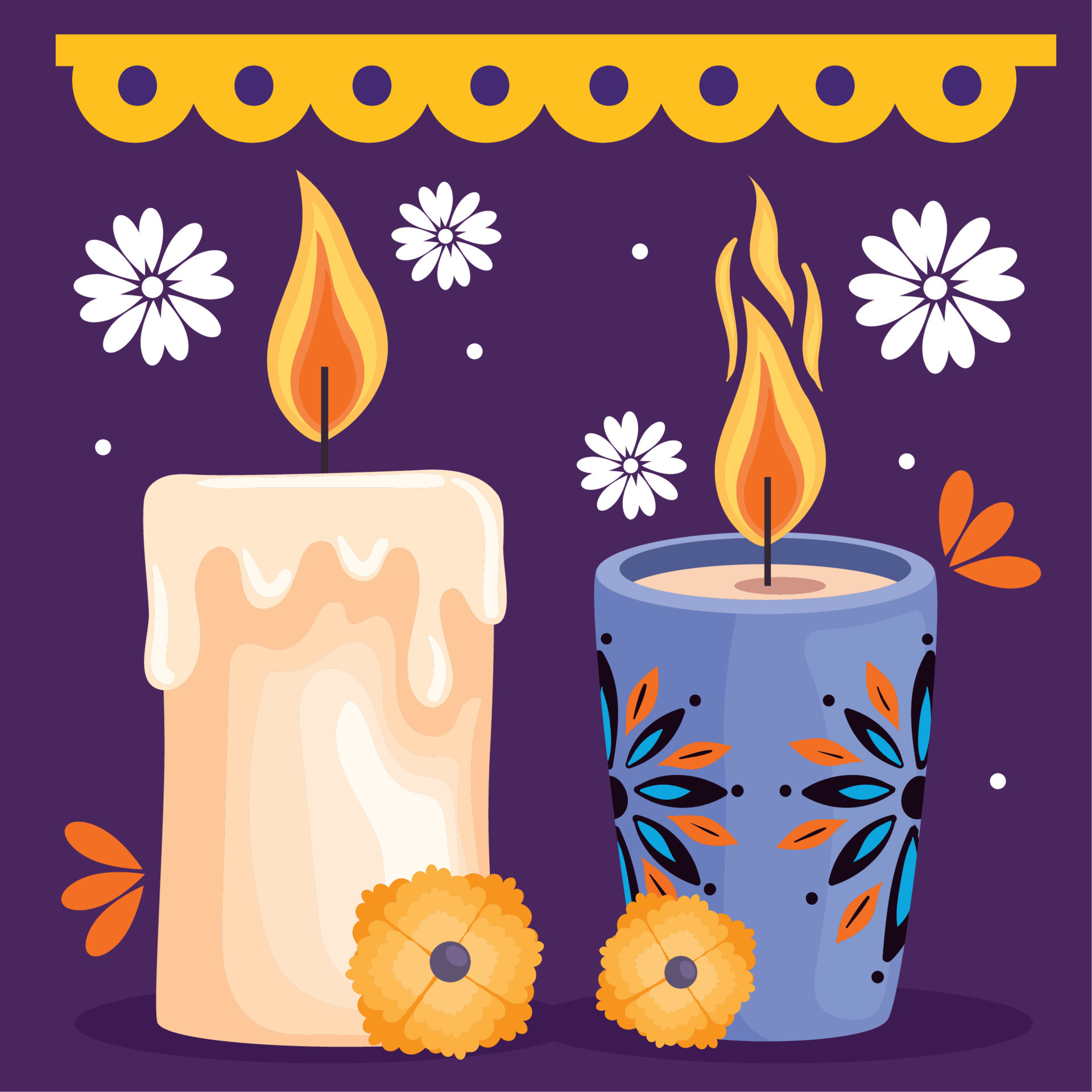 dia de los muertos candles with flowers 12487354 Vector Art at Vecteezy