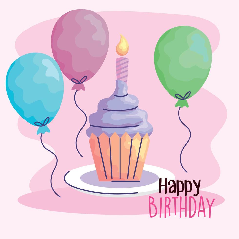 feliz cumpleaños cupcake con globos helio estilo acuarela vector