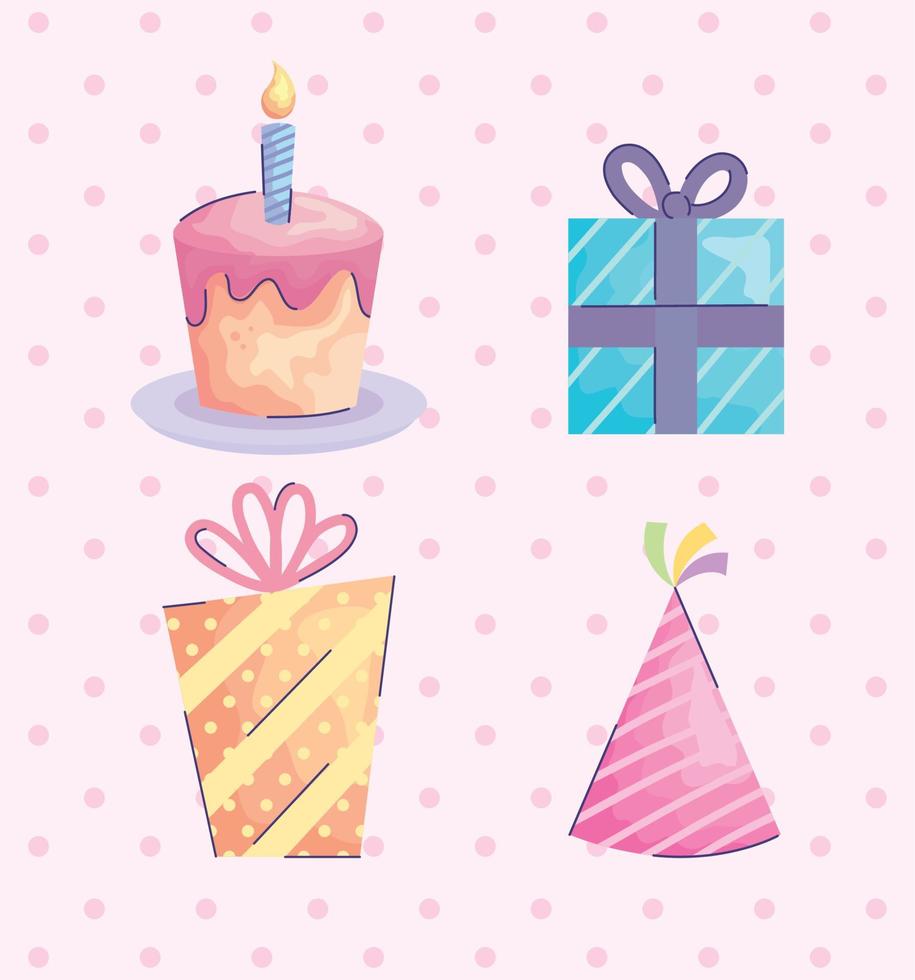 gifts boxes presents and hat with cupcake acuarela birthday icons vector